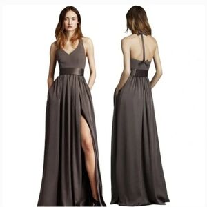 White Vera Wang Slip Halter Gown Plus 20 V Neck Slit Pockets Gray Bridesmaids